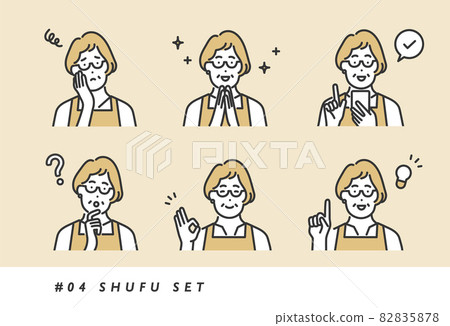 採取各種面部表情和姿勢的中年家庭主婦的圖像插圖集素材·簡單的觸摸 82835878