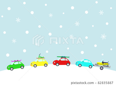 Illustration of cute cars going to the snowy mountains in winter Postcard size postcard 82835887