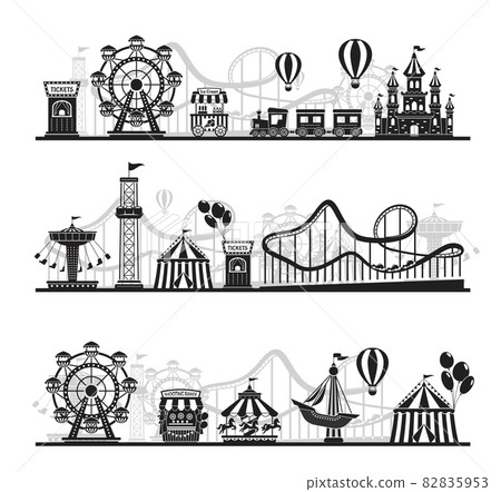 Amusement park landscape silhouette, carnival fairground rides. Roller coaster, carousel, horizontal funfair attraction vector background set Amusement park landscape silhouette, carnival fairground rides. Roller coaster, carousel, horizontal funfair attraction vector background set 82835953