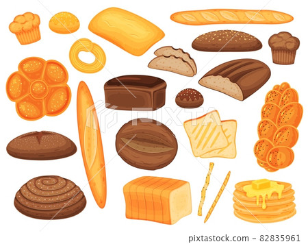 Cartoon bakery products, bread loaf, buns and pastry. Baguette, muffins, pancakes, whole wheat bread, homemade delicious pastries vector set 82835961