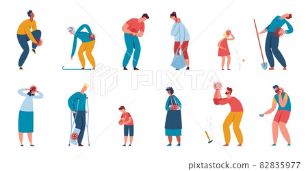 People suffering from injuries or joints aches, characters in pain. Men and women with headaches, injured leg or hurting neck vector set People suffering from injuries or joints aches, characters in pain. Men and women with headaches, injured leg or hurting neck vector set 82835977
