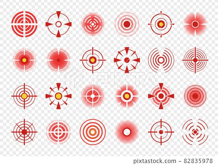 Red circle pain icon, body pains target marks or spots. Painful muscles and joints target signs, headache indication points symbols vector set Red circle pain icon, body pains target marks or spots. Painful muscles and joints target signs, headache indication points symbols vector set 82835978