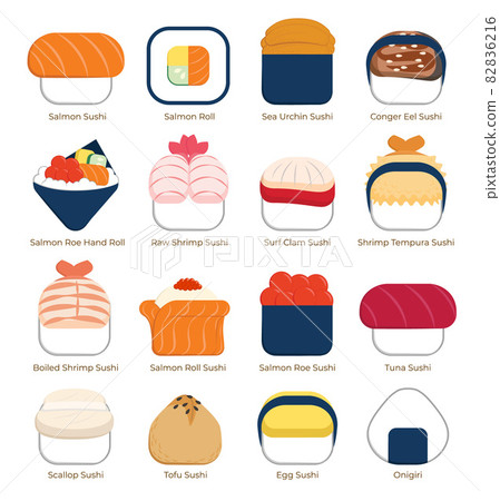 A set of sixteen cute sushi vector graphics 82836216