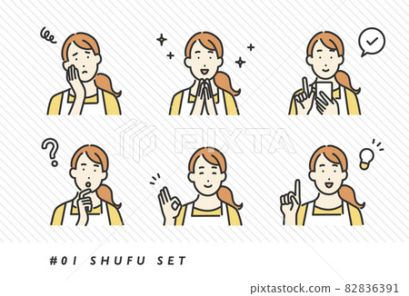 Image illustration set material of a housewife woman who takes various facial expressions and poses ・ Simple touch 82836391