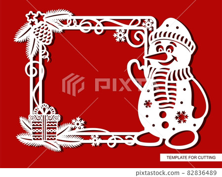 Funny Christmas frame with cartoon snowman. Square border with fir branches, pine cone, serpentine, gift, snowflakes. New Year theme. Vector template for laser cutting paper, wood carving, metal, cnc. 82836489