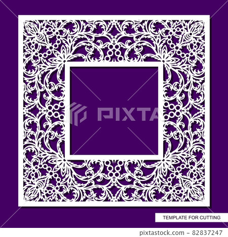 Beautiful square photo frame. Lacy floral pattern of leaves. Oriental ornament. Template for plotter laser cutting of paper, cardboard, plywood, wood carving, metal engraving, cnc. Vector illustration 82837247