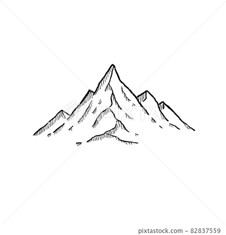 Mountains in engraving style. Nature landscape of highlands. Hand drawn design. Rocky ridge. 82837559