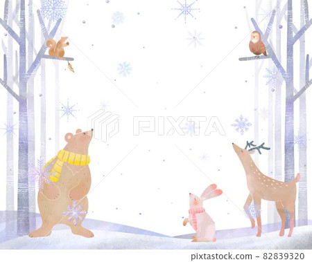Scandinavian fashionable watercolor style winter trees, forest animals and snowflakes vector white back frame illustration material 82839320