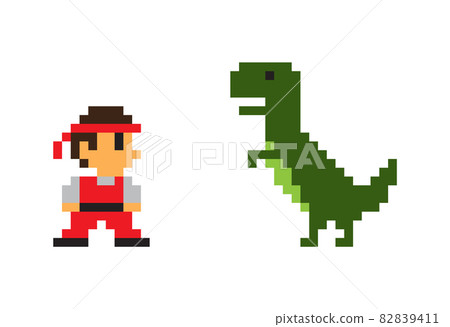 Pixel Man and Big Rex Dinosaur, Vector Poster 82839411