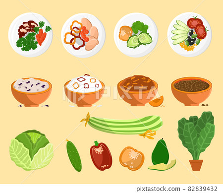 Avocado and Dishes Collection Vector Illustration Avocado and Dishes Collection Vector Illustration 82839432