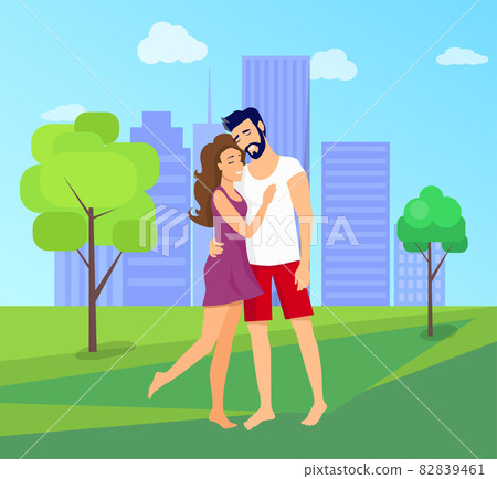 Hugging Couple with Skyscrapers on Background Hugging Couple with Skyscrapers on Background 82839461