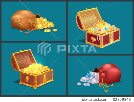 Bags with Coins and Wooden Chests of Treasures Bags with Coins and Wooden Chests of Treasures 82839846