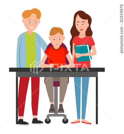 Parents Help Boy Do Homework Vector Illustration 82839878