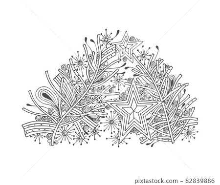 New Year Christmas zentangle star tree balls, hand drawing, contour, silhouette, for festive design, postcard, banner, congratulations, for coloring. Isolated, on a white background. 82839886