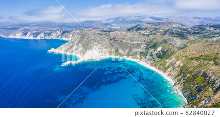 Aerial panorama of Petani Beach in Kefalonia, Ionian Islands, Greece Aerial panorama of Petani Beach in Kefalonia, Ionian Islands, Greece 82840027