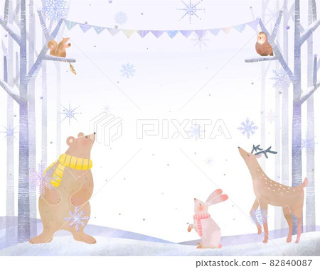 Scandinavian fashionable watercolor style winter trees, forest animals and snowflakes vector white back frame illustration material Scandinavian fashionable watercolor style winter trees, forest animals and snowflakes vector white back frame illustration material 82840087