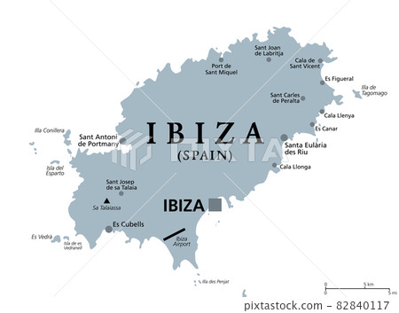 Ibiza, gray political map. Part of Balearic Islands, an archipelago and autonomous community of Spain in the Mediterranean Sea. Known for its nightlife and electronic dance music. Illustration. Vector Ibiza, gray political map. Part of Balearic Islands, an archipelago and autonomous community of Spain in the Mediterranean Sea. Known for its nightlife and electronic dance music. Illustration. Vector 82840117