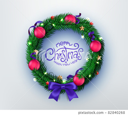 Christmas wreath with lettering inscription. Merry Christmas and Happy new year Christmas wreath with lettering inscription. Merry Christmas and Happy new year 82840268