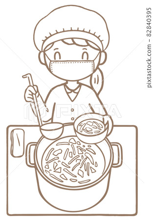 線描_孩子的生活_學校_學校午餐值班_女孩微笑(肉湯) 線描_孩子的生活_學校_學校午餐值班_女孩微笑(肉湯) 82840395