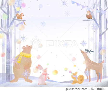 Fashionable winter scenery of soap bubbles and snowflake Scandinavian forest animals Vector white background frame Illustration material Fashionable winter scenery of soap bubbles and snowflake Scandinavian forest animals Vector white background frame Illustration material 82840809