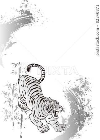 新年2022虎年虎年賀年卡sumi-e水墨畫框模板背景圖黑白 82840871