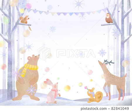 Fashionable winter scenery of soap bubbles and snowflake Scandinavian forest animals Vector white background frame Illustration material 82841049