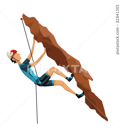 Mountain climbing. Men climbing on a rock mountain with professional equipment. Bouldering sport. Game scene isolated on white background 82841305