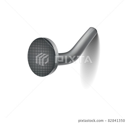 Hammered nail on surface. Iron, steel or silver pin head. Bent metal spike or hobnail with cap in cartoon style. Vector top view grey hardware for home construction, isolated on white background Hammered nail on surface. Iron, steel or silver pin head. Bent metal spike or hobnail with cap in cartoon style. Vector top view grey hardware for home construction, isolated on white background 82841350