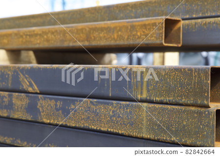 Metal profile pipe of rectangular cross section in packs at the warehouse of metal products 82842664