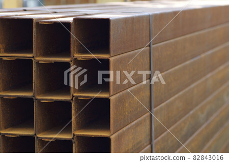 Metal profile pipe of rectangular cross section in packs at the warehouse of metal products 82843016