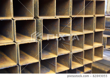 Metal profile pipe of rectangular cross section in packs at the warehouse of metal products 82843055