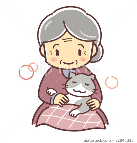 一位老婦人將一隻貓放在腿上的插圖（與寵物一起生活，畸形） 82843325