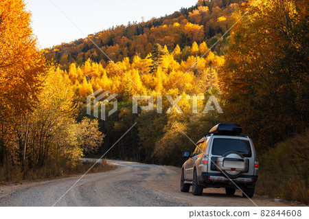 Mitsubishi Pajero on scenic autumn road in the forest Mitsubishi Pajero on scenic autumn road in the forest 82844608