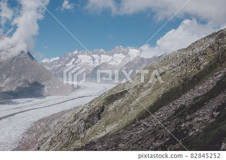 Panorama of mountains scene, walk through the great Aletsch Glacier Panorama of mountains scene, walk through the great Aletsch Glacier 82845252