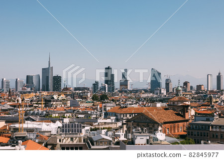 Panoramic view of Milan city with modern buildings from Milan Cathedral 82845977