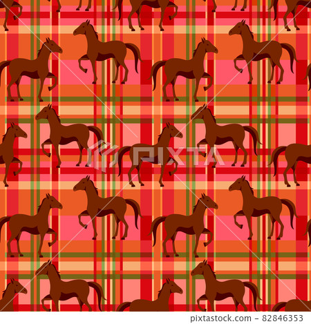 Seamless pattern with horse on a red plaid background 82846353