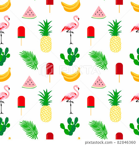Summer time seamless pattern with tropical elements. Colorful summer cute tropic icon background Summer time seamless pattern with tropical elements. Colorful summer cute tropic icon background 82846360
