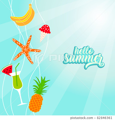 Hello summer banner card with beach elements. Summertime background Hello summer banner card with beach elements. Summertime background 82846361