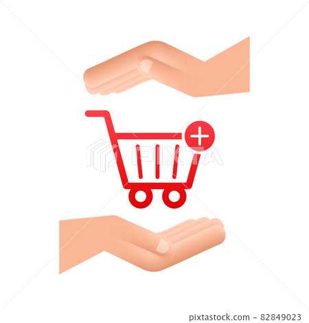 Add to cart icon with hands. Shopping Cart icon. Vector illustration. Add to cart icon with hands. Shopping Cart icon. Vector illustration. 82849023
