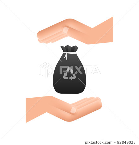 Garbage bag in hands icon. Trash bag. Vector stock illustration. Garbage bag in hands icon. Trash bag. Vector stock illustration. 82849025