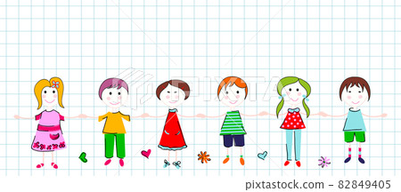 White squared paper with hand drawing kids border. 82849405