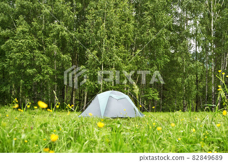 Tent camp in forest. Local travel concept. Sustainable lifestyle. Summer Tent camp in forest. Local travel concept. Sustainable lifestyle. Summer 82849689