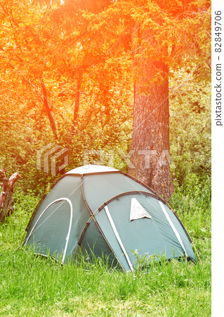 Tent camp in forest. Local travel concept. Sustainable lifestyle. Summer Tent camp in forest. Local travel concept. Sustainable lifestyle. Summer 82849706