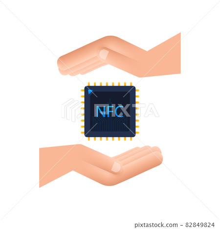 NFC processor icon with hands. NFC chip. Near field communication. Vector stock illustration. NFC processor icon with hands. NFC chip. Near field communication. Vector stock illustration. 82849824