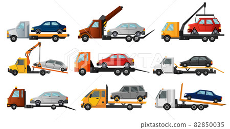 Collection of tow trucks. Flat faulty car loaded on a tow truck. Vehicle repair service which provides assistance damaged or salvaged cars 82850035