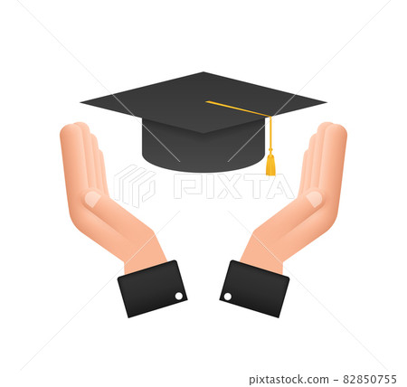 Graduation cap with tassel in hands, realistic mortar board. Vector stock illustration. Graduation cap with tassel in hands, realistic mortar board. Vector stock illustration. 82850755