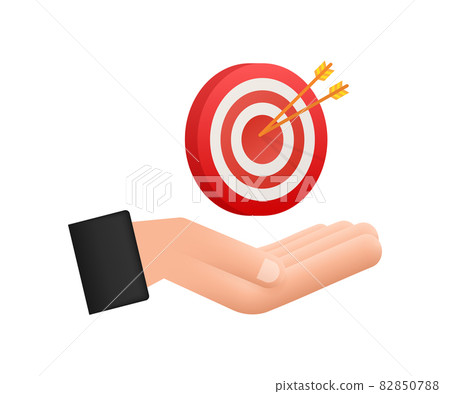 Target with an arrow on hands flat icon concept market goal vector picture image. Concept target market. Target with an arrow on hands flat icon concept market goal vector picture image. Concept target market. 82850788