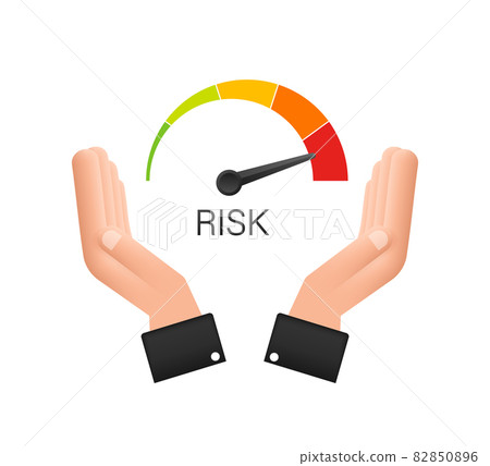 Risk icon on speedometer in hands. High risk meter. Vector stock illustration. 82850896