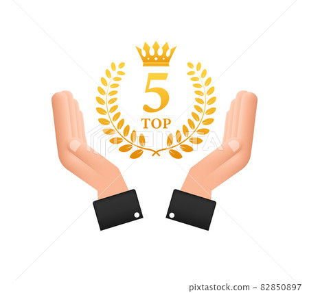 Top 5 label in hands. Golden laurel wreath icon. Vector stock illustration. 82850897