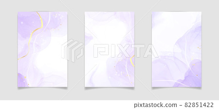 Purple lavender liquid watercolor background with golden lines. Pastel violet marble alcohol ink drawing effect. Vector illustration design template for wedding invitation, menu, rsvp 82851422
